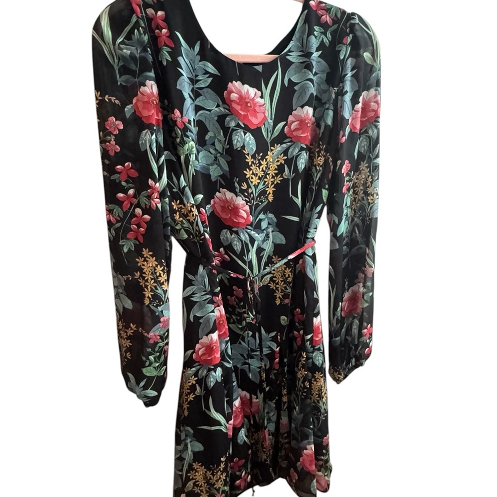 Black Floral Long-Sleeve Tie-Waist Dress